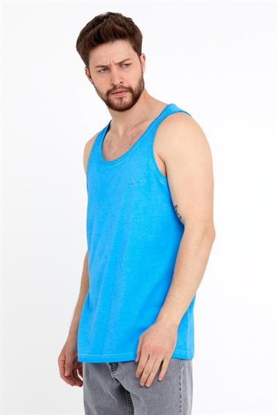 Erkek Neon Yağ Yıkamalı Nakışlı Atlet Mavi