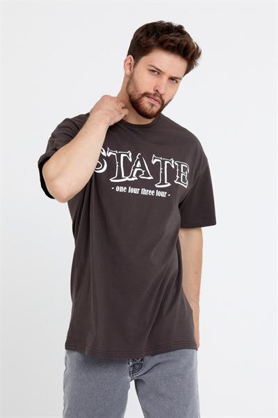 Erkek Oversize Baskılı T-shirt Kahverengi