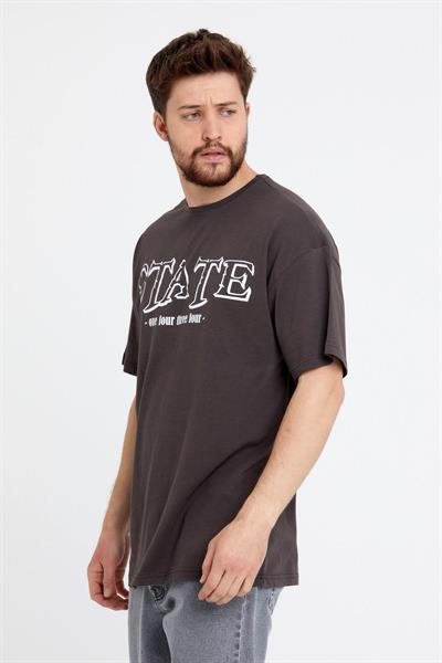 Erkek Oversize Baskılı T-shirt Kahverengi