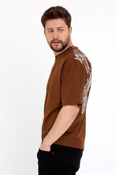 Erkek Oversize Baskılı T-shirt Taba
