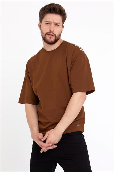 Erkek Oversize Baskılı T-shirt Taba