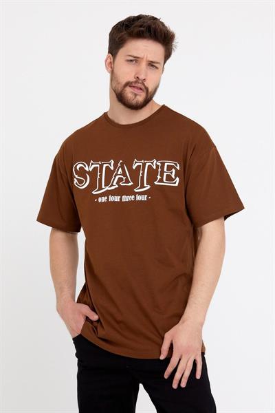 Erkek Oversize Baskılı T-shirt Taba