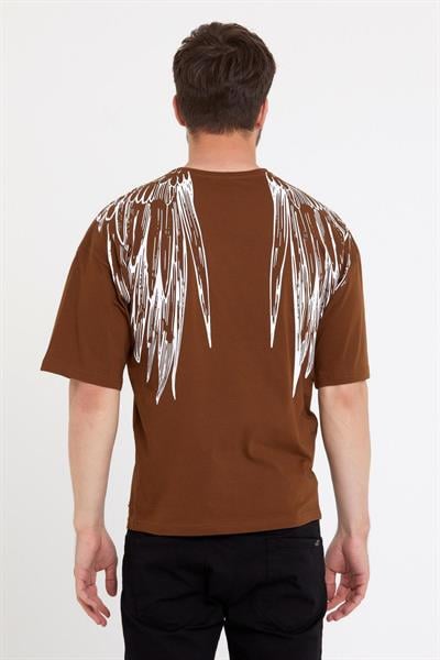 Erkek Oversize Baskılı T-shirt Taba