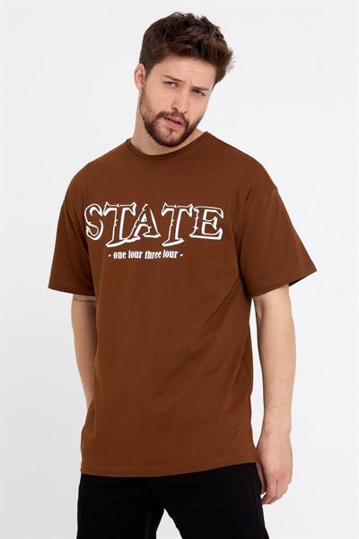 Erkek Oversize Baskılı T-shirt Taba