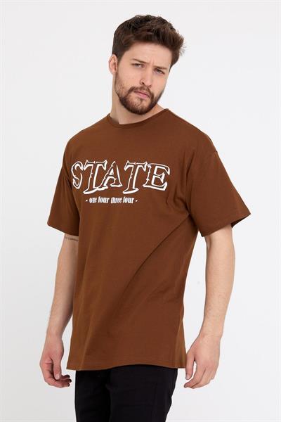 Erkek Oversize Baskılı T-shirt Taba