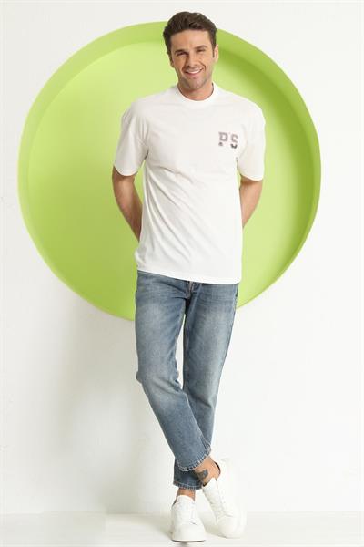 Erkek PS Baskılı Oversize T-Shirt Ekru