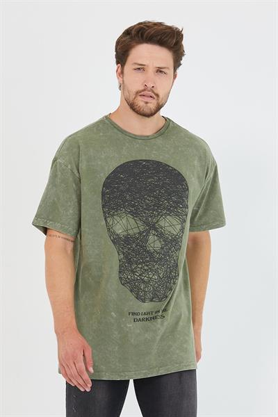 Erkek Parça Boya Baskılı Oversize Basic T-shirt  Haki