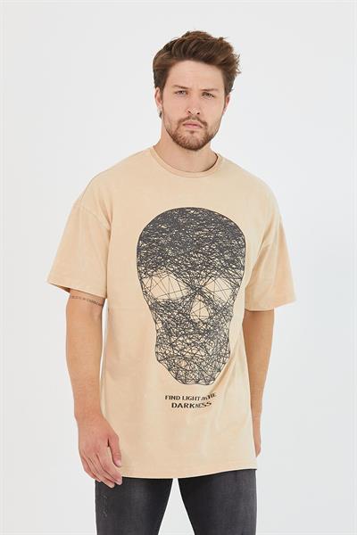 Erkek Parça Boya Baskılı Oversize Basic T-shirt  Bej