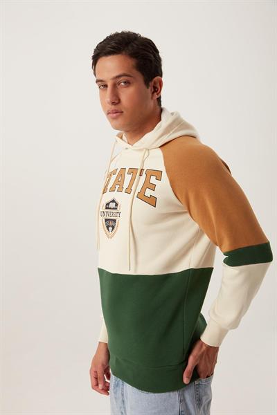 Erkek 3 İplik Pamuklu İçi Polarlı 3 Renkli Oversize Baskılı Kapüşonlu Ekru Sweatshirt