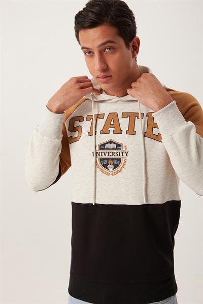 Erkek 3 İplik Pamuklu İçi Polarlı 3 Renkli Oversize Baskılı Kapüşonlu Gri Sweatshirt