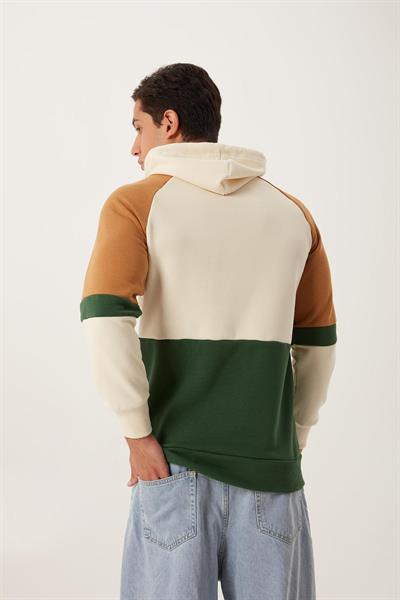 Erkek 3 İplik Pamuklu İçi Polarlı 3 Renkli Oversize Baskılı Kapüşonlu Ekru Sweatshirt