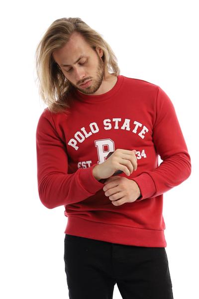 Erkek 3 İplik Pamuklu Baskılı Regular Fit Basic Bisiklet Yaka Kırmızı Sweatshirt