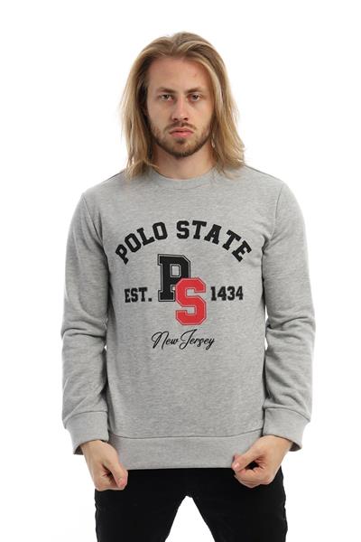 Erkek 3 İplik Pamuklu Baskılı Regular Fit Basic Bisiklet Yaka Gri Sweatshirt