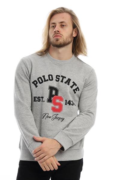 Erkek 3 İplik Pamuklu Baskılı Regular Fit Basic Bisiklet Yaka Gri Sweatshirt