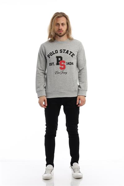 Erkek 3 İplik Pamuklu Baskılı Regular Fit Basic Bisiklet Yaka Gri Sweatshirt