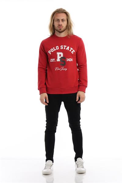 Erkek 3 İplik Pamuklu Baskılı Regular Fit Basic Bisiklet Yaka Kırmızı Sweatshirt