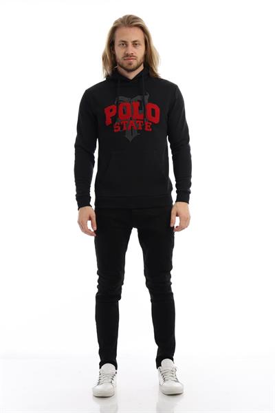 Erkek 3 İplik Pamuklu İçi Polarlı Süzine Nakışlı Regular Fit Kapüşonlu Kanguru Cepli Siyah Sweatshirt