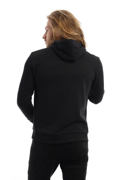 Erkek 3 İplik Pamuklu İçi Polarlı Süzine Nakışlı Regular Fit Kapüşonlu Kanguru Cepli Siyah Sweatshirt