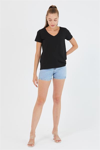 Kadın %100 Pamuk V Yaka Regular Kalıp T-shirt Siyah
