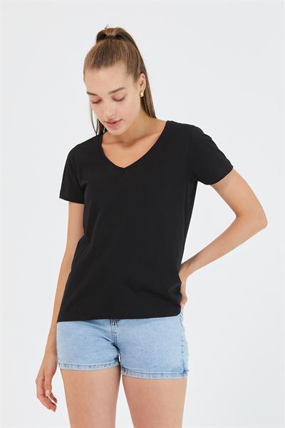 Kadın %100 Pamuk V Yaka Regular Kalıp T-shirt Siyah