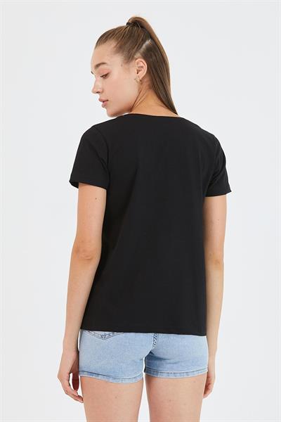Kadın %100 Pamuk V Yaka Regular Kalıp T-shirt Siyah