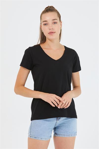 Kadın %100 Pamuk V Yaka Regular Kalıp T-shirt Siyah