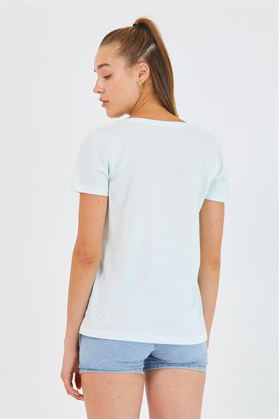 Kadın %100 Pamuk V Yaka Regular Kalıp T-shirt Su Yeşili