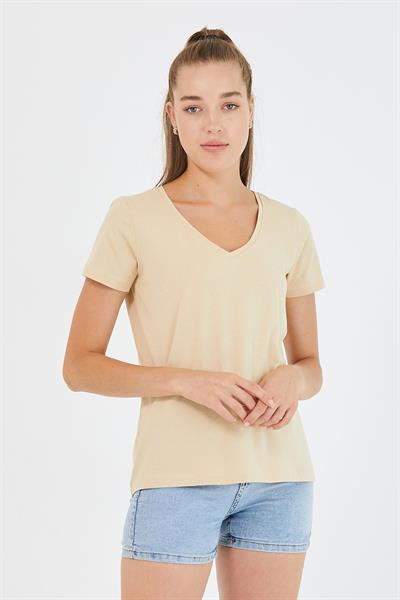 Kadın %100 Pamuk V Yaka Regular Kalıp T-shirt Bej
