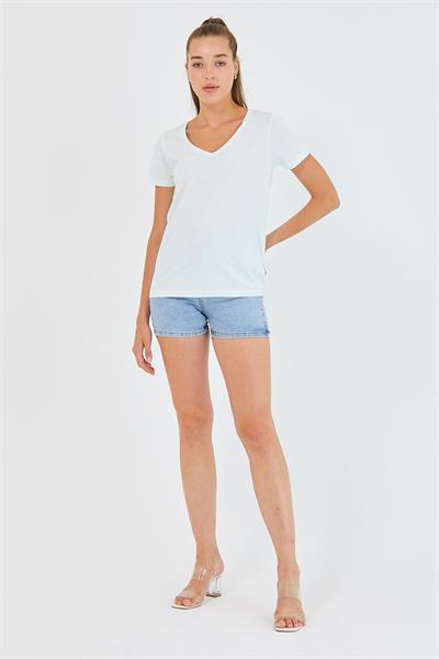 Kadın %100 Pamuk V Yaka Regular Kalıp T-shirt Su Yeşili