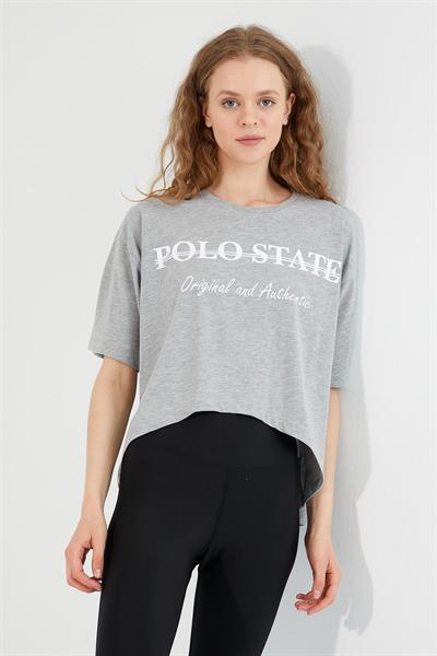 Kadın Baskılı Oversize T-shirt  Gri Melanj