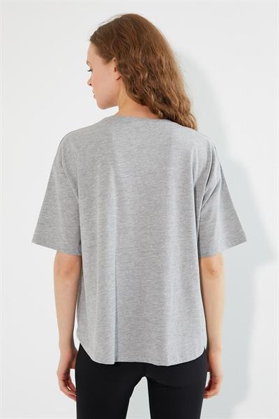 Kadın Baskılı Oversize T-shirt  Gri Melanj