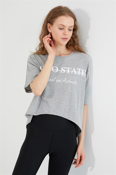 Kadın Baskılı Oversize T-shirt  Gri Melanj