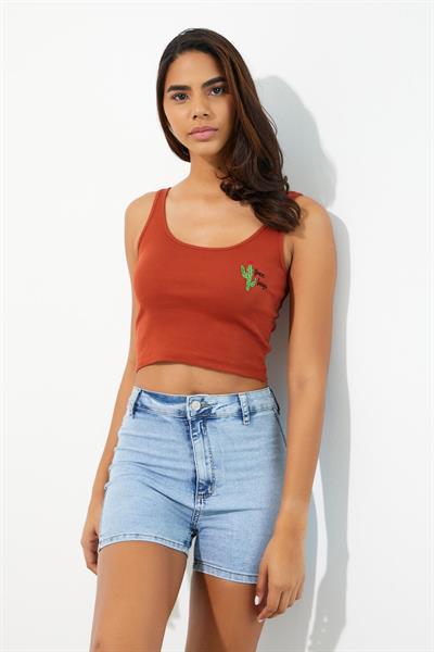 Nakışlı Kadın Askılı Crop Atlet Kiremit