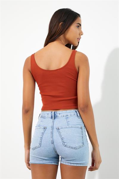 Nakışlı Kadın Askılı Crop Atlet Kiremit