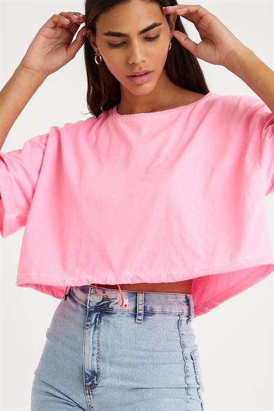 Kadın Neon Yağ Yıkamalı T-shirt Pembe