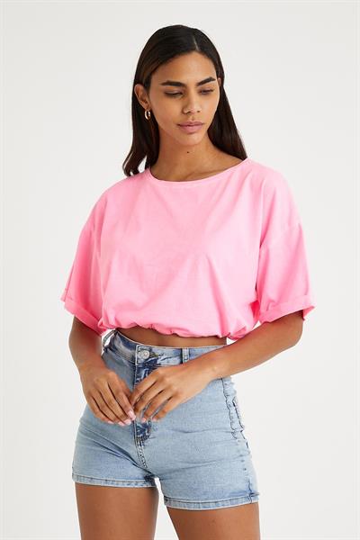 Kadın Neon Yağ Yıkamalı T-shirt Pembe