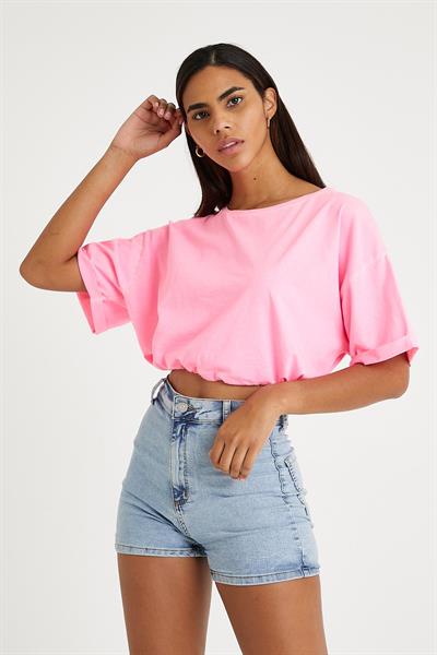 Kadın Neon Yağ Yıkamalı T-shirt Pembe