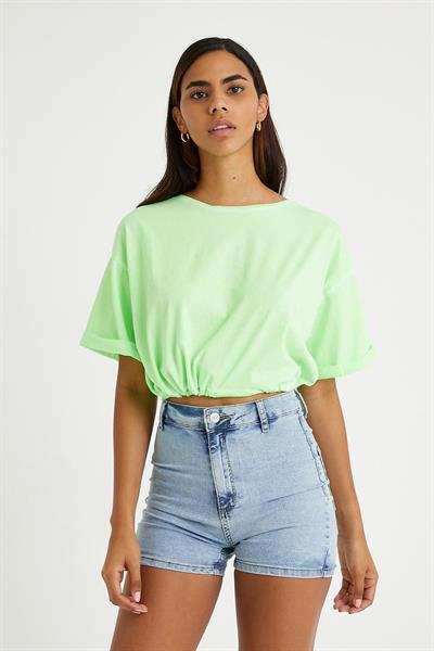 Kadın Neon Yağ Yıkamalı T-shirt Yeşil