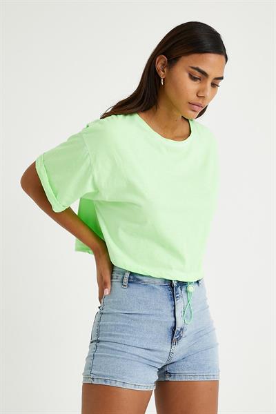 Kadın Neon Yağ Yıkamalı T-shirt Yeşil