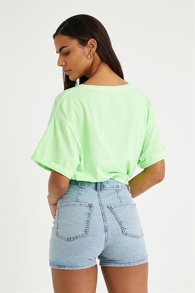 Kadın Neon Yağ Yıkamalı T-shirt Yeşil