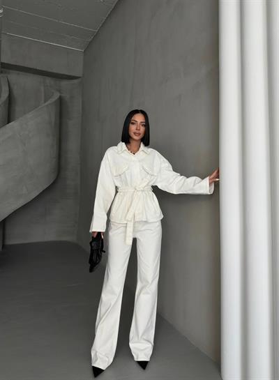 Beyaz Bağlamalı Denim Takım Oversize Ceket ve Yüksek Bel Pantolon