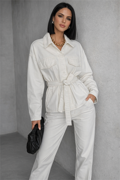 Beyaz Bağlamalı Denim Takım Oversize Ceket ve Yüksek Bel Pantolon