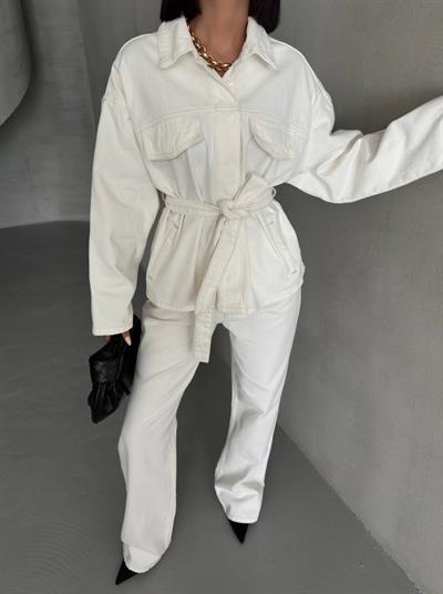 Beyaz Bağlamalı Denim Takım Oversize Ceket ve Yüksek Bel Pantolon
