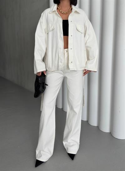 Beyaz Bağlamalı Denim Takım Oversize Ceket ve Yüksek Bel Pantolon