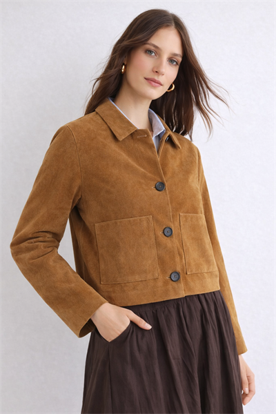Camel Gömlek Yaka Kadın Süet Görünümlü Ceket