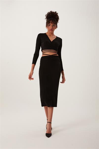 Çapraz Bağcıklı Kruvaze Crop top Siyah