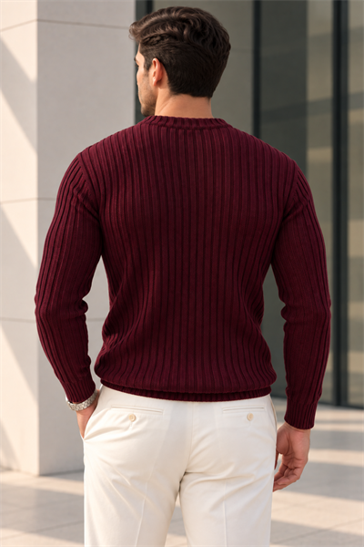 Dikey Fitilli Bisiklet Yaka Erkek Triko Kazak - Bordo Bordo