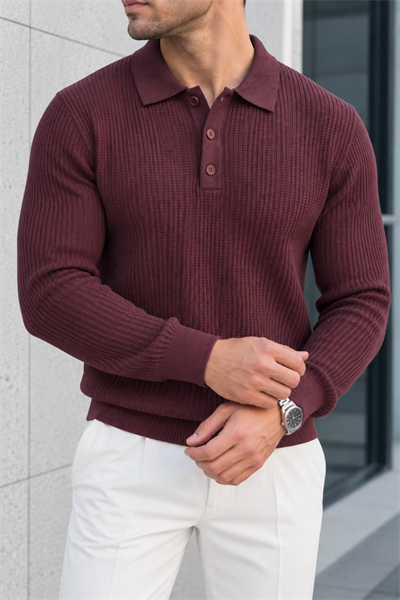 Dokulu Örgü Polo Yaka Erkek Triko Kazak - Bordo Bordo