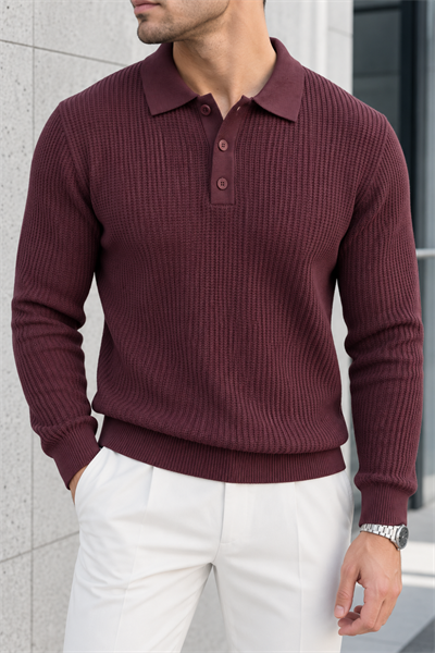 Dokulu Örgü Polo Yaka Erkek Triko Kazak - Bordo Bordo