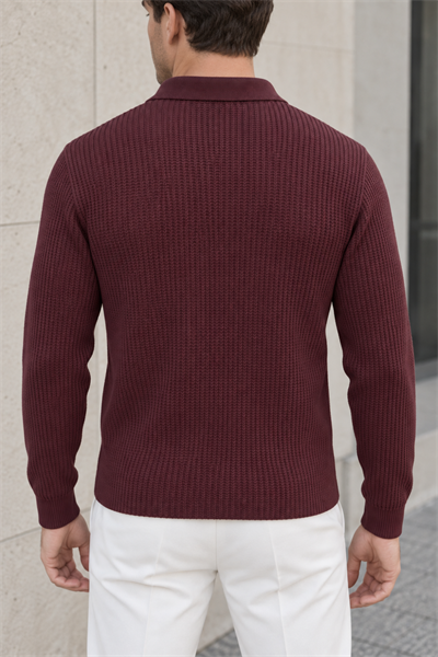 Dokulu Örgü Polo Yaka Erkek Triko Kazak - Bordo Bordo